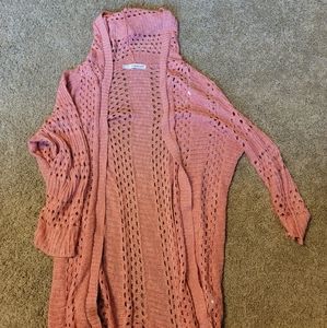 Maurices Women's Crocheted Hooded Open Front Cardigan Pink
